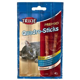 Katzen Snack PREMIO Quadro-Sticks Anti-Hairball, Fleischgehalt 95 % ohne Zucker, 5 Packungen  4 Sticks a 5g = 100 g gesamt Lachs / Forelle 