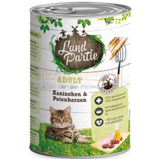 LandPartie Katzennassfutter Adult mit Kaninchen und Putenherzen 400g, Getreide- und glutenfreies Katzennassfutter - ohne Zucker