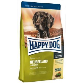 Hundefutter HAPPY DOG Neuseeland 12,5 kg, Super-Premium-Vollnahrung Happy Dog Neuseeland enthlt 21% Lamm und wird verfeinert mit dem Fleisch der wertvollen grnlippigen Neuseeland-Muschel.