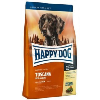 Hundefutter HAPPY DOG TOSCANA 11 kg, Suprem Zutaten der leichten Mittelmeerkche, Ente und Lachs sowie die Polyphenolsubstanzen der Rotweintraube.