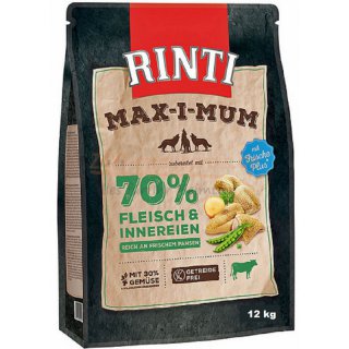Hundefutter Rinti MAX i MUM PANSEN in 4 kg und 12 kg. Rinti Max-i-Mum kein Getreide sondern hohe Frischfleischgehalte angereichert mit Gemse.