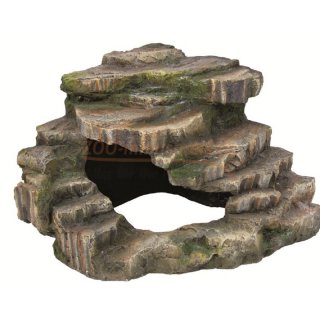 Eckfels mit Höhle und Plattform, 26 x 26 cm und 20 cm hoch. Platzsparende Rückzugmöglichkeit