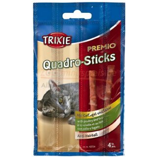 Katzen Snack PREMIO Quadro-Sticks Anti-Hairball, Fleischgehalt 95 % ohne Zucker, 5 Packungen  4 Sticks a 5g = 100 g gesamt Lamm / Truthahn