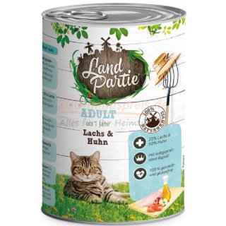 LandPartie Katzennassfutter ADULT, mit Lachs und Huhn 400g, Getreide- und glutenfreies Katzennassfutter - ohne Zucker 100 % getreide- und glutenfrei: Frei von Getreide und Gluten