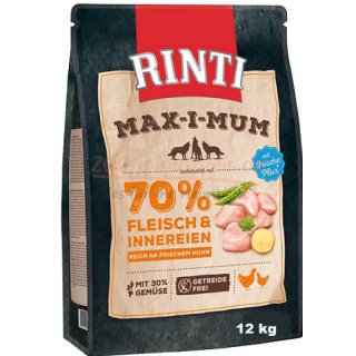Hundefutter RINTI MAX i MUM Huhn in 4 kg und 12 kg. Alleinfuttermittel für ausgewachsene Hunde. Zubereitet mit 70% Fleisch und Innereien und mit 30% Gemüse, getreidefrei.