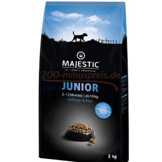 Hundefutter MAJESTIC Junior 3 kg, mit Geflügel und Reis. Für heranwachsende Hunde kleiner und mittlerer Rassen bis 20 kg ab dem 2. bis zum 12. Monat