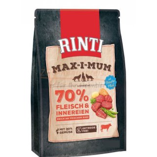 Hundefutter RINTI MAX i MUM Rind in 4 kg und 12 kg, Alleinfuttermittel fr ausgewachsene Hunde. Zubereitet mit 70% Fleisch und Innereien und mit 30% Gemse, getreidefrei.