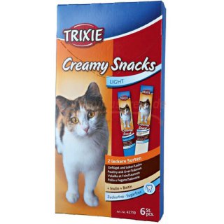 Katzen Snack CREMY 6 Streifenfolien a 15 g, Lieferumfang 4 Packungen x 6 Streifen = 360 g. Geschmack Lachs, Geflügel und Leber