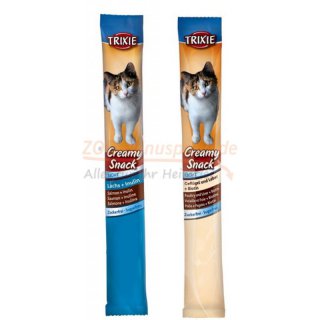 Katzen Snack CREMY 6 Streifenfolien a 15 g, Lieferumfang 4 Packungen x 6 Streifen = 360 g. Geschmack Lachs, Geflgel und Leber